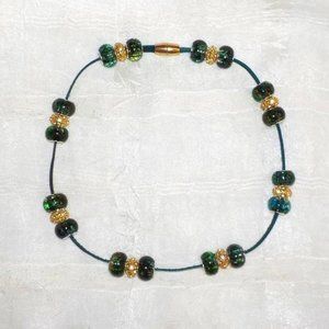 Holiday Green & Gold Beaded Leather Choker